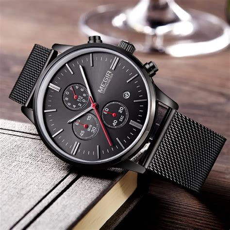 MEGIR men's quartz watches stainless steel mesh band black watch ...