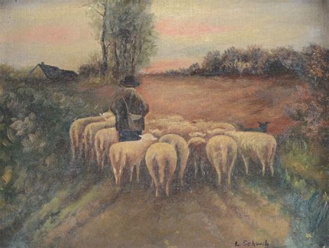 Vintage Oil Painting of Shepherd and Sheep | EBTH