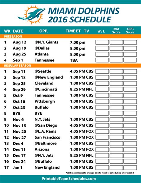 Miami Dolphins Football Schedule. Print Here -http ...