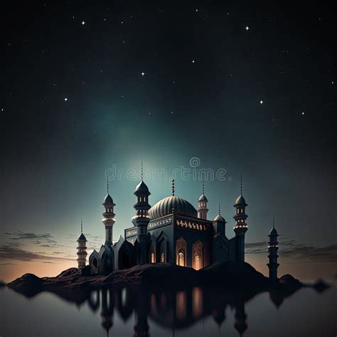 View of Mosque in Starry Night, Mosque Reflection in the Water. Islamic ...