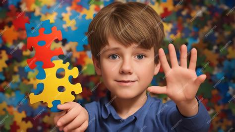 Premium AI Image | Empowering Connection A Young Boy Embraces the Autism Puzzle Symbol