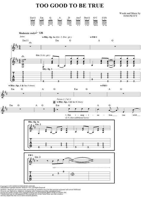 Too Good To Be True" Sheet Music by Tom Petty and The Heartbreakers for Guitar Tab/Vocal - Sheet ...