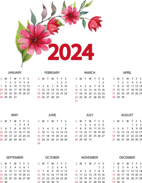 New Year Flower calendar Font for Printable 2024 Calendar for New Year ...