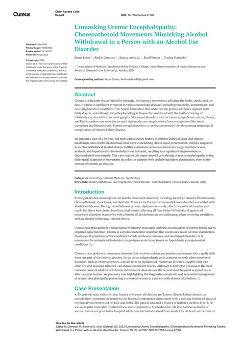 (PDF) Unmasking Uremic Encephalopathy: Choreoathetoid Movements Mimicking Alcohol Withdrawal in ...