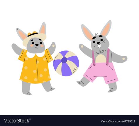 Cute bunny tourist playing ball together having Vector Image