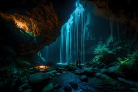 Premium AI Image | A waterfall in the cave with a light inside.