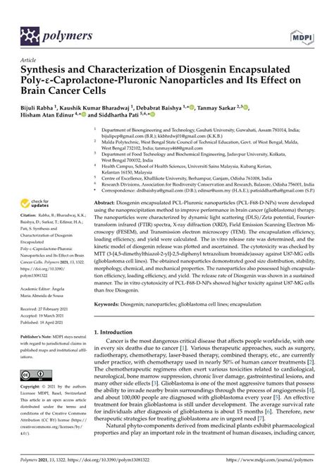 Synthesis and Characterization of Diosgenin Encapsulated Poly-Ε-Caprolactone-Pluronic ...