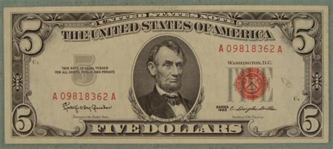 1963 $5 Red Seal Note Five Dollar Bill