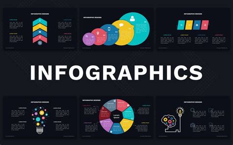 infographics presentation template with colorful circles and arrows on black background, for ...