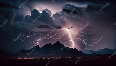 Premium AI Image | Dark dramatic stormy night sky with lightning bolts Nightmountain landscape ...