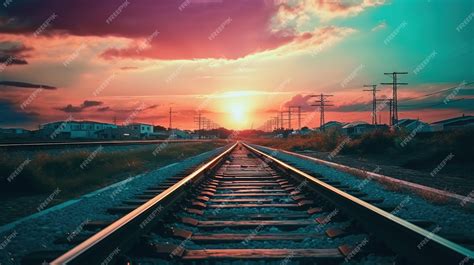 Premium AI Image | Train tracks with a sunset in the background