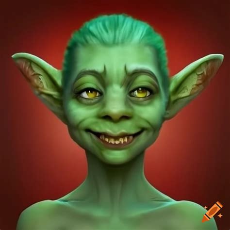 Photo of a kind-hearted female goblin with green skin
