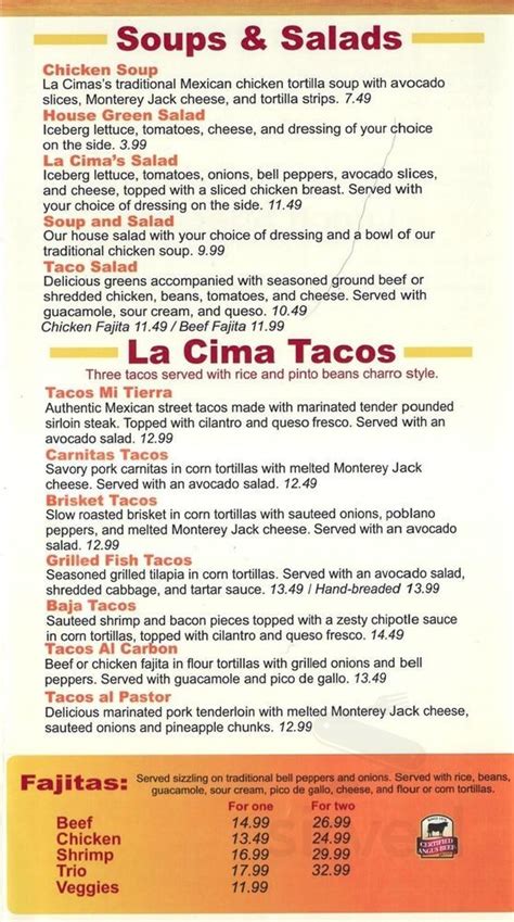 La Cima menus in Van Alstyne, Texas, United States