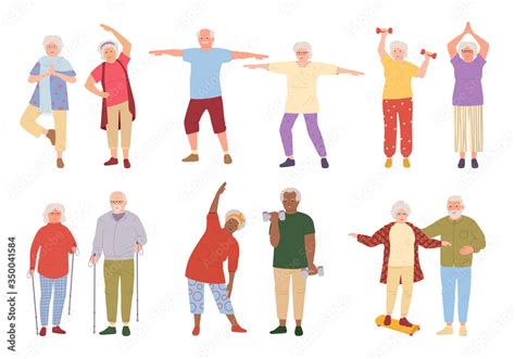 Fototapeta Healthy active lifestyle older people cartoon set. Sport retiree grandparent, incline ...