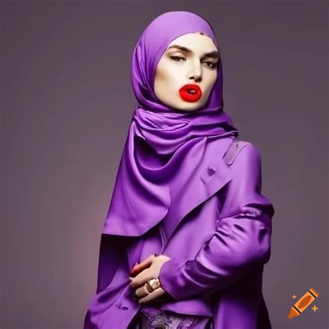 Stylish woman wearing a purple hijab and red lipstick