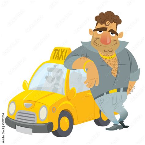 Cartoon Taxi driver funny character with his yellow cab Stock Vector | Adobe Stock