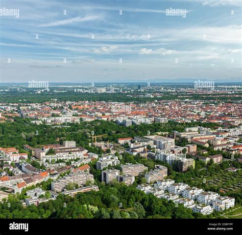 Aerial view of Munich from Olympiaturm (Olympic Tower). Munich, Bavaria ...