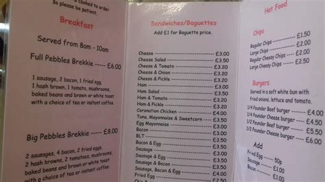 Menu at Pebbles cafe, Sandown