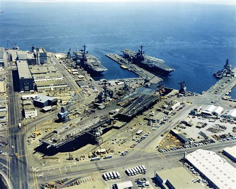 An aerial view of Hunter's Point Naval Shipyard, San Francisco, California, with three docked ...