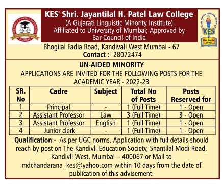 KES’ Shri Jayantilal H. Patel Law College, Mumbai Wanted Principal, Assistant Professor and ...