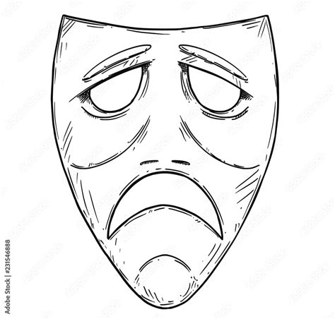 Vector artistic pen and ink drawing illustration of sad comedy mask ...