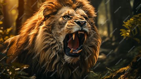 Premium AI Image | Roaring lion in jungle