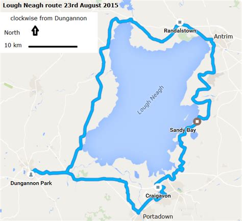 Lough Neagh showing route and places mention by Steve Kidd, August 23 2015