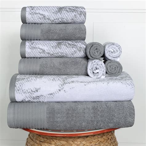 Cotton Highly Absorbent 10-Piece Solid and Marble Effect Grey Towel Set ...