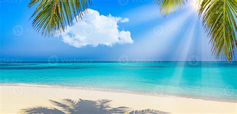 Panoramic landscape view of white beach sand sea water and blue sky clear background. Tropical ...