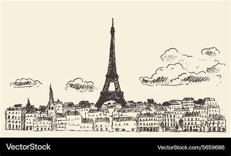 Paris skyline france eiffel sketch drawn Vector Image