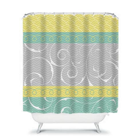 Shower Curtain Gray Yellow Aqua Chevron and Swirls by FolkandFunky