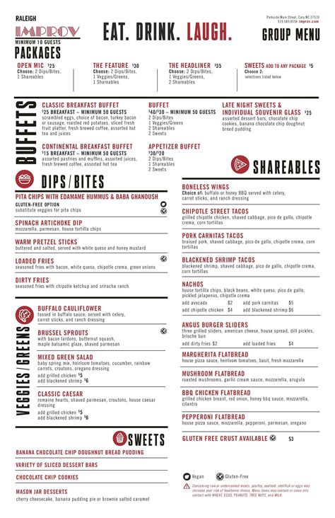 Raleigh Improv Food and Drink Menus