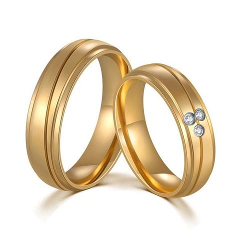 Titanium Luxury Golden Ring For Couples Inlaid Cubic Zirconia | Anillos