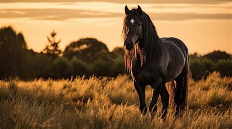 Premium AI Image | A photo of a black horse in a field at sunset warm ...