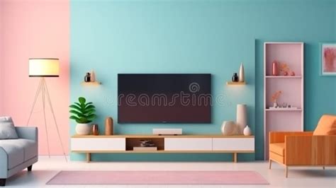 Smart TV on the Color Wall in a Living Room, Minimal Design Stock ...