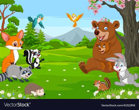 Group of happy animals cartoon in the jungle Vector Image