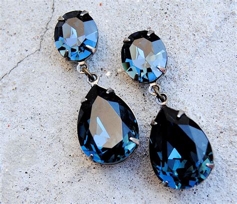 Vintage Navy Blue Earrings Swarovski Crystal Earrings Tear