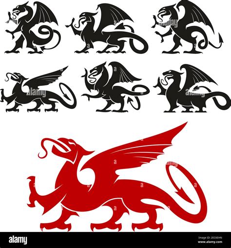 Heraldic Griffin emblem set and mythical Dragon silhouette elements for ...