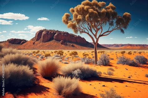 An illustration of an australian outback landscape with orange mountains rocks and gum trees ...