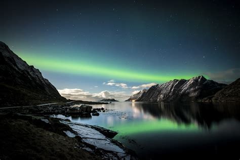 Wallpaper : mountains, night, lake, nature, reflection, Lofoten, Norway, aurorae, moonlight ...