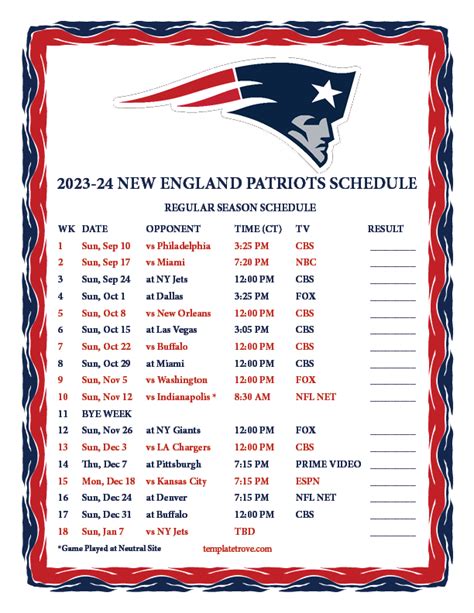 Greg Bell Buzz: New England Patriots Schedule 2023 24 Printable