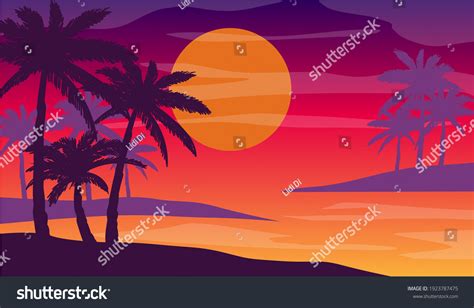 Cartoon Flat Panoramic Landscape Sunset Palms Stock Vector (Royalty ...