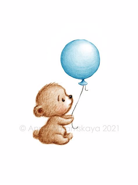 The drawing of cute teddy bear with blue balloon. Printable | Etsy