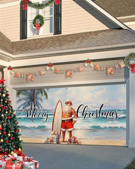 Amazon.com: Christmas Garage Door Banner Santa Claus Surfboard Garage Door Cover Beach Merry ...