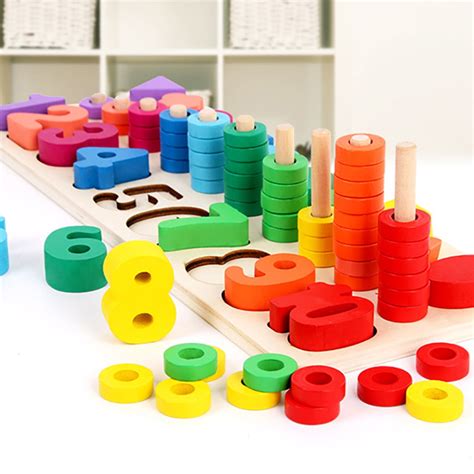 Kids Wood Sorting Puzzles Toys Shape Sorter Number and Math Stacking ...