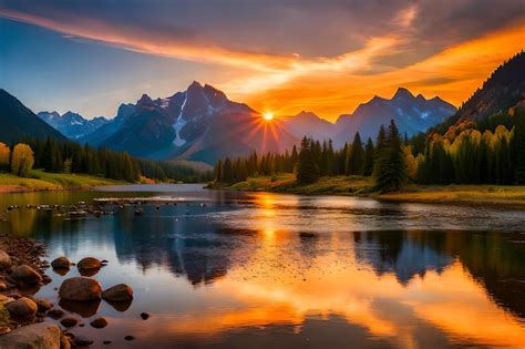 Premium Photo | A beautiful sunset over a mountain lake with a mountain in the background.