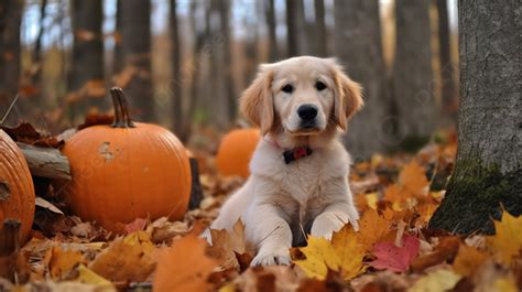 Golden Retriever Puppy In Fall Leaves Near Pumpkins Background, Fall ...