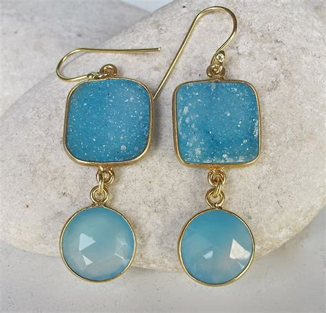 Blue Druzy Earring Gold Druzy Gold Dangle Drop Earring Handmade Blue ...