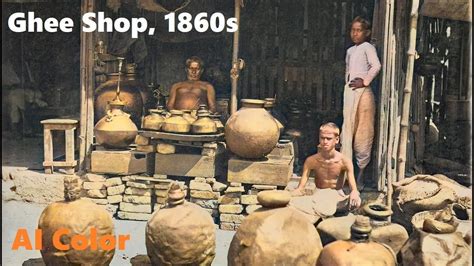 a man standing in front of clay pots and other pottery items with the caption ghee shop, 1800's ...