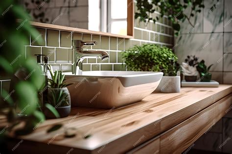 Inspiración en el diseño de interiores de baño con mesa de madera ...